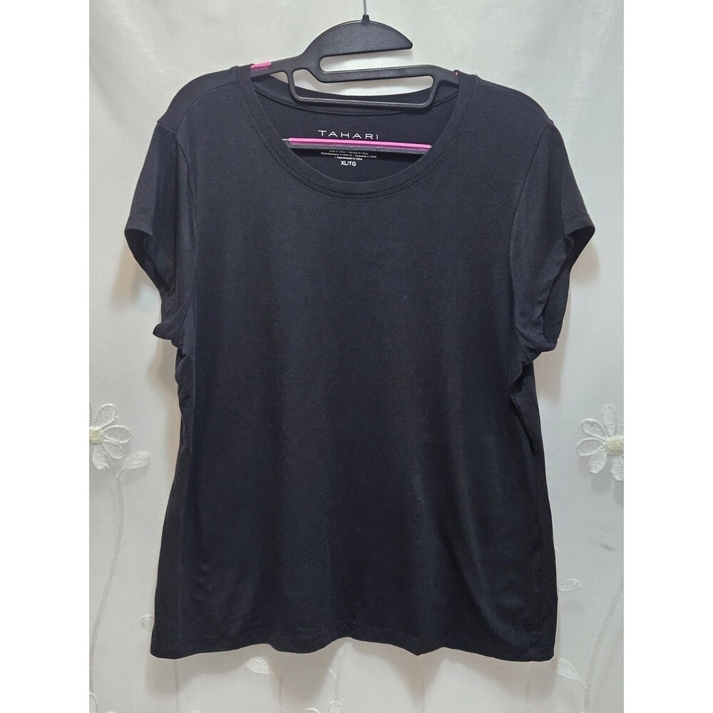 Tahari Essentials Womens XL Black Top Casual Ribbed Stretchy Soft Round Neck